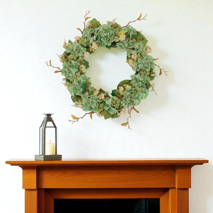 Green Hydrangea Seedum Wreath – Fresh Spring Circle Accent | Artificial Floral Decor | Trufairs