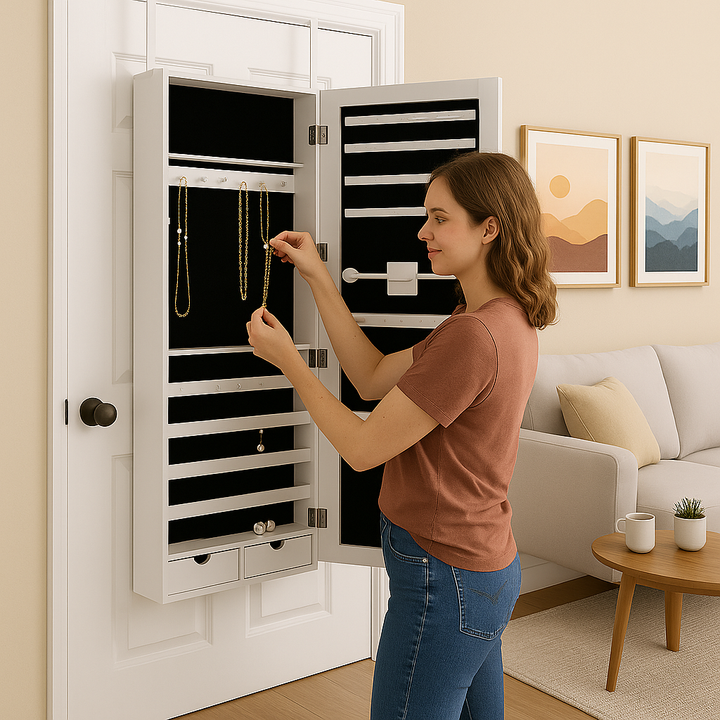 Premium Space-Saving LED Mirror Jewelry Armoire: Lockable Door & Wall Mount Storage Solution