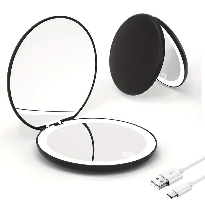 LED Travel Makeup Mirror with 2X/5X Magnification, Portable Lighted Compact Mirror, Double-Sided Folding Design with Enlarged Si