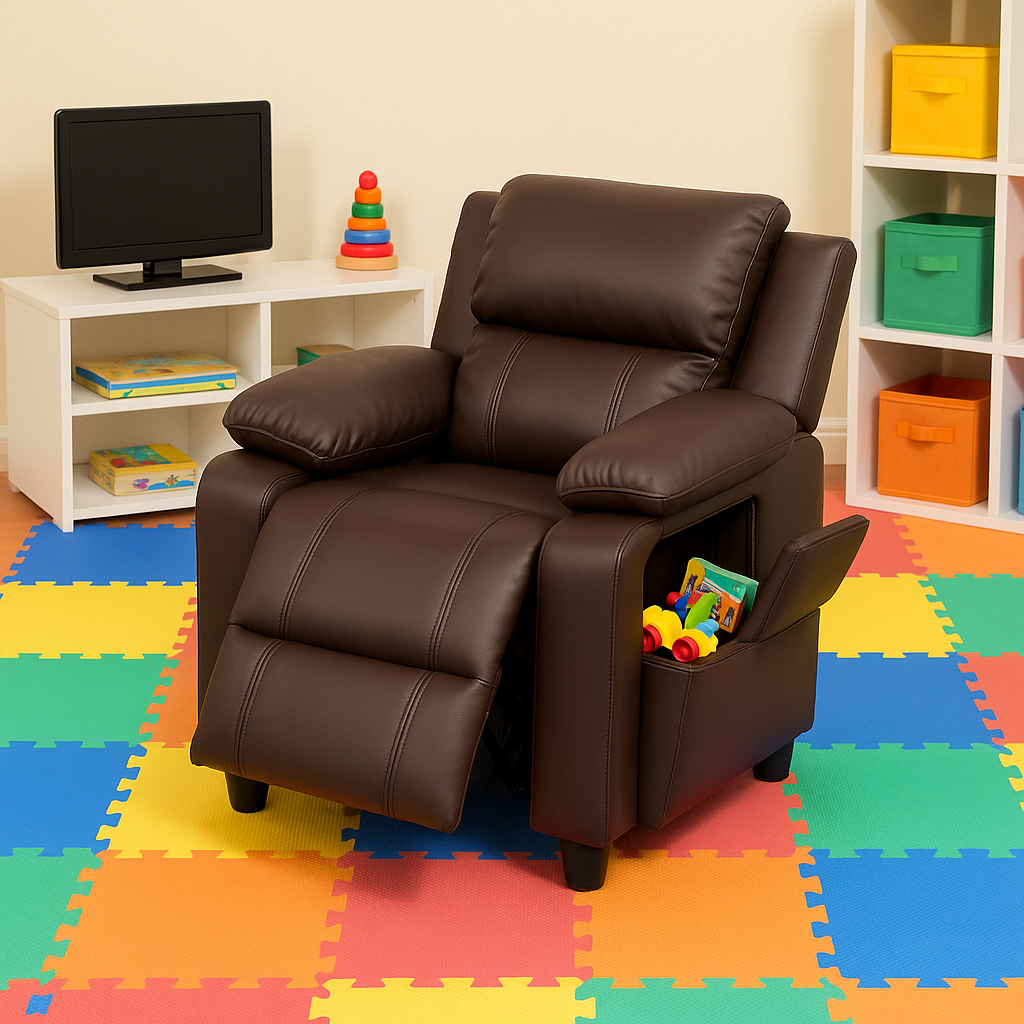 Premium Kids Recliner Chair with Storage Armrest - Solid Wood Frame Children's Lounge Sofa for Entertainment & Comfort