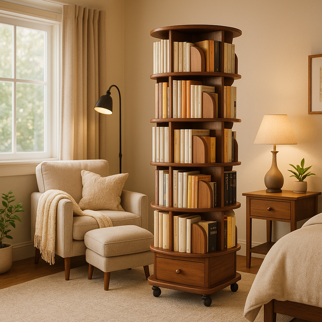 360° Rotating Bookshelf – 6-Tier Corner Bookcase with Wheels, Space-Saving Vertical Storage Rack | Trufairs