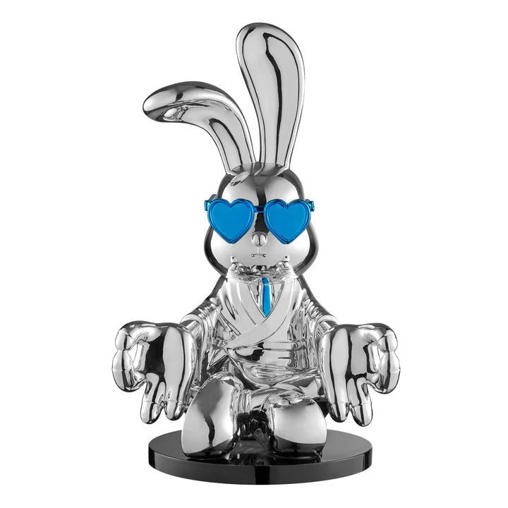 Exclusive Sitting Rabbit with Blue Tie and Glasses Chrome Sculpture - Premium 25" Meditation Art Collection