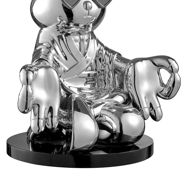 Exclusive Sitting Rabbit with Blue Tie and Glasses Chrome Sculpture - Premium 25" Meditation Art Collection