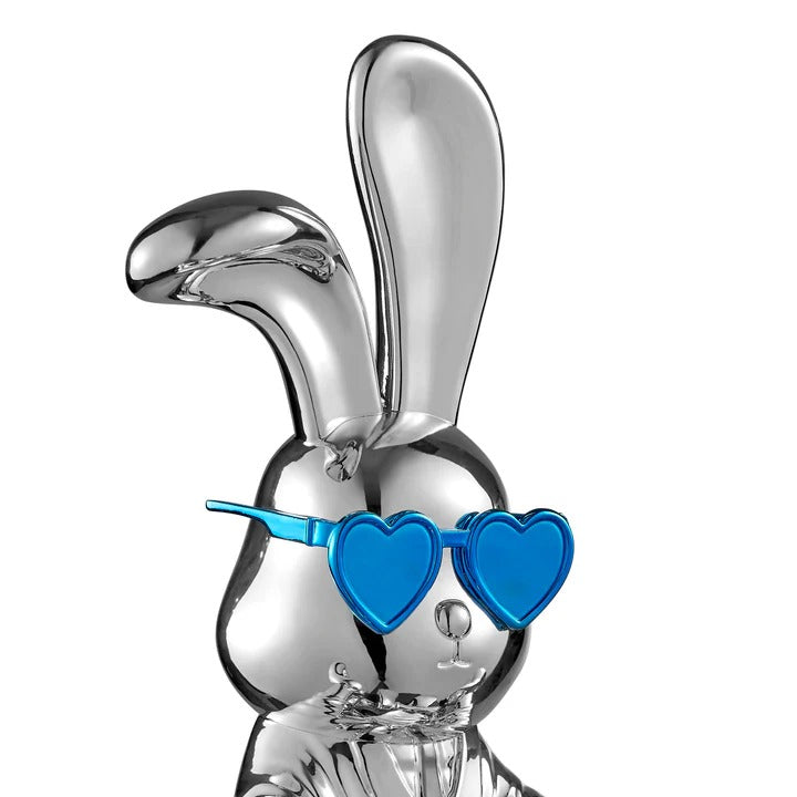 Exclusive Sitting Rabbit with Blue Tie and Glasses Chrome Sculpture - Premium 25" Meditation Art Collection