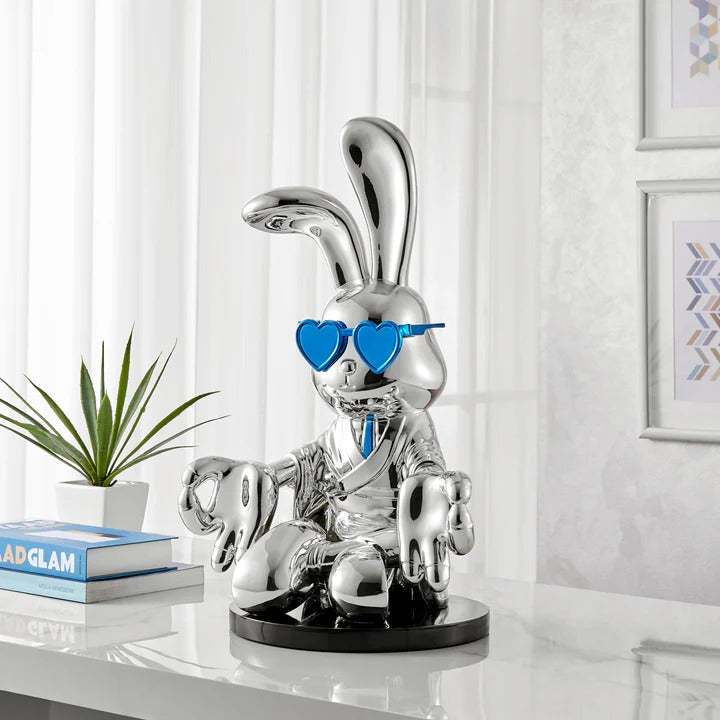 Exclusive Sitting Rabbit with Blue Tie and Glasses Chrome Sculpture - Premium 25" Meditation Art Collection