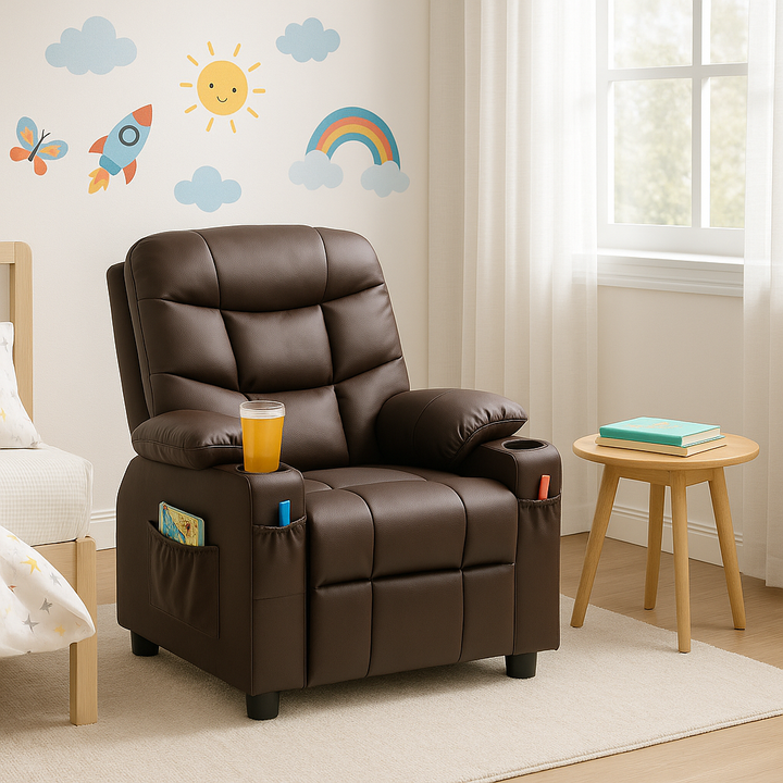 Premium PU Leather Kids Recliner Chair with Dual Cup Holders & Storage Pockets - Ergonomic Youth Furniture with 130° Recline