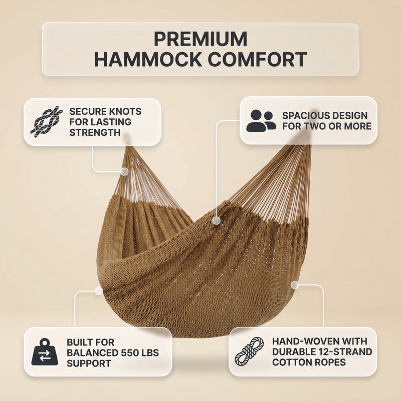 Handwoven Mayan Rope Double Hammock with Tree Straps, Carabiners & Carry Bag - 6