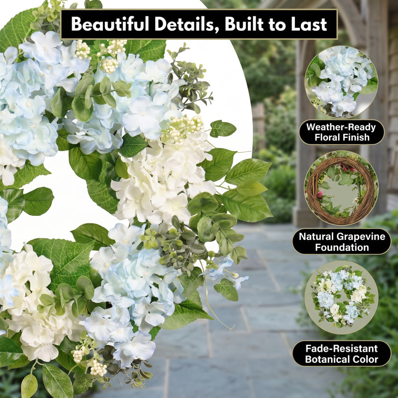 HYDRANGEA WREATH FOR FRONT DOOR – ARTIFICIAL FLORAL PORCH DÉCOR - 6