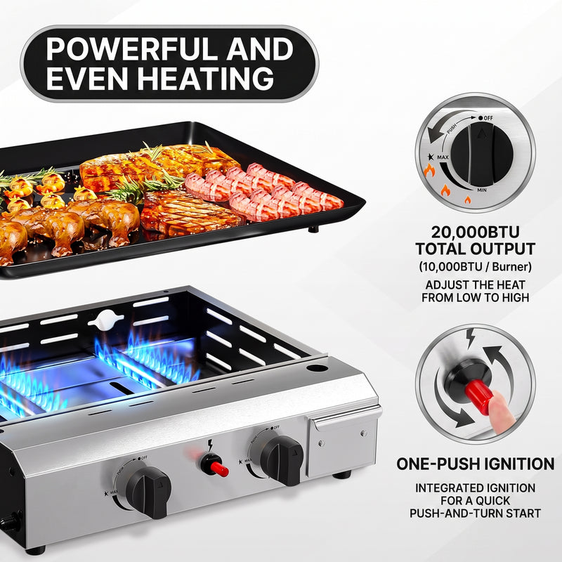 2 & 3 BURNER PORTABLE PROPANE FLAT TOP GRIDDLE – 20,000–45,000 BTU OUTDOOR GRIDDLE WITH SIDE SHELVES & CART - 6