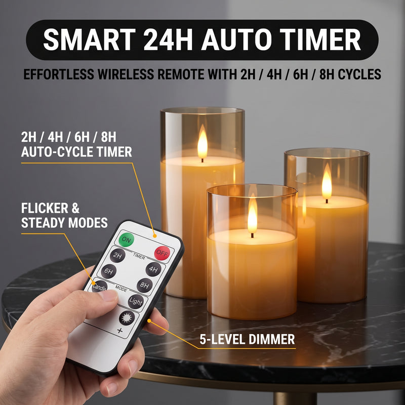 Flameless Candles with Remote & Timer – Glass Pillar Set of 3 - 6