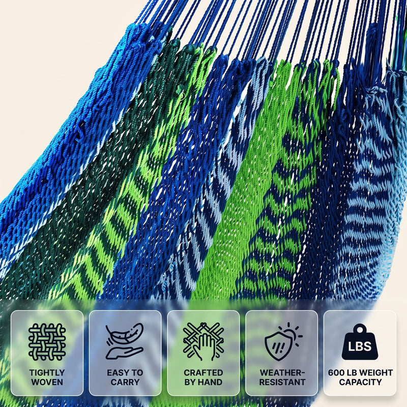 Handwoven Mayan Rope Double Hammock with Tree Straps, Carabiners & Carry Bag - 6