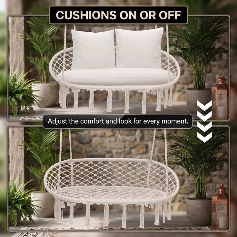 2-Person Hanging Hammock Chair with Cushion – Boho Macrame Swing for Indoor & Outdoor Relaxation - 6