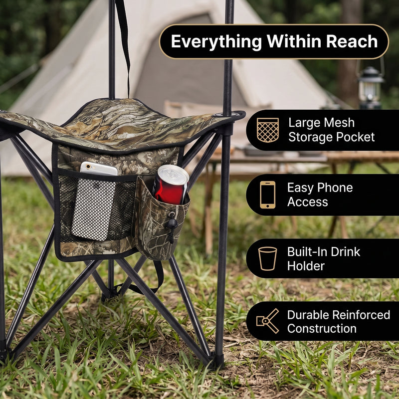 Tri-Lite Stool w/Back, Lightweight Portable Fishing Chair w/Cupholder and Carry Strap, Supports 225-Lb, Portable Outdoor Chair for the Hunting Blind, Camping, Travel, Hiking - 6
