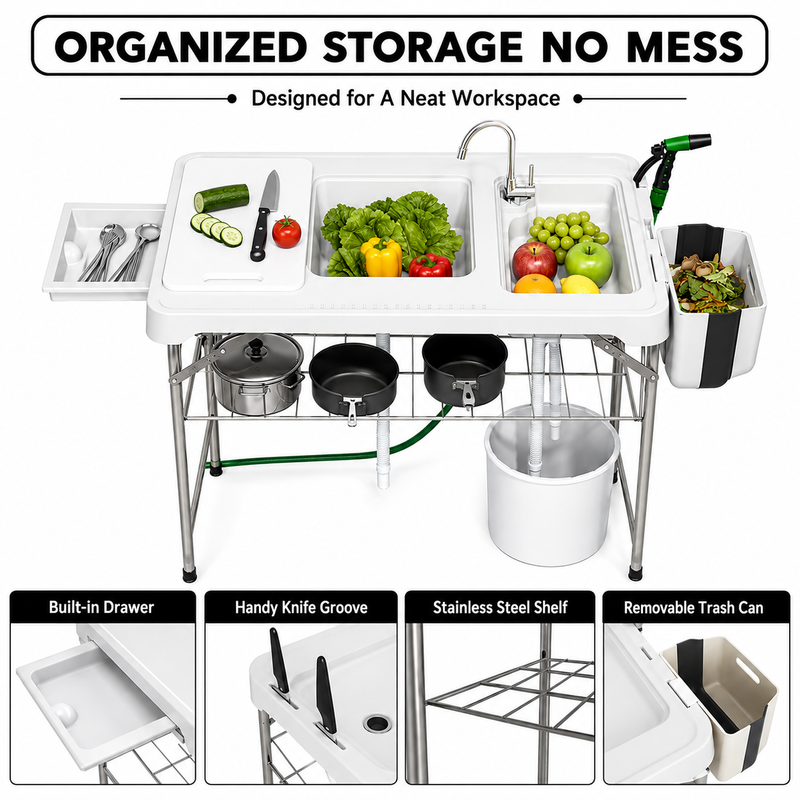 Folding Fish Cleaning Table with Sink & Sprayer Options - 6