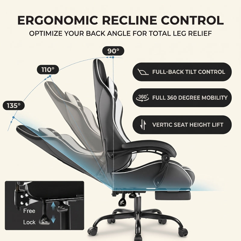 GAMING CHAIR WITH FOOTREST – LUMBAR SUPPORT & 360° SWIVEL - 6