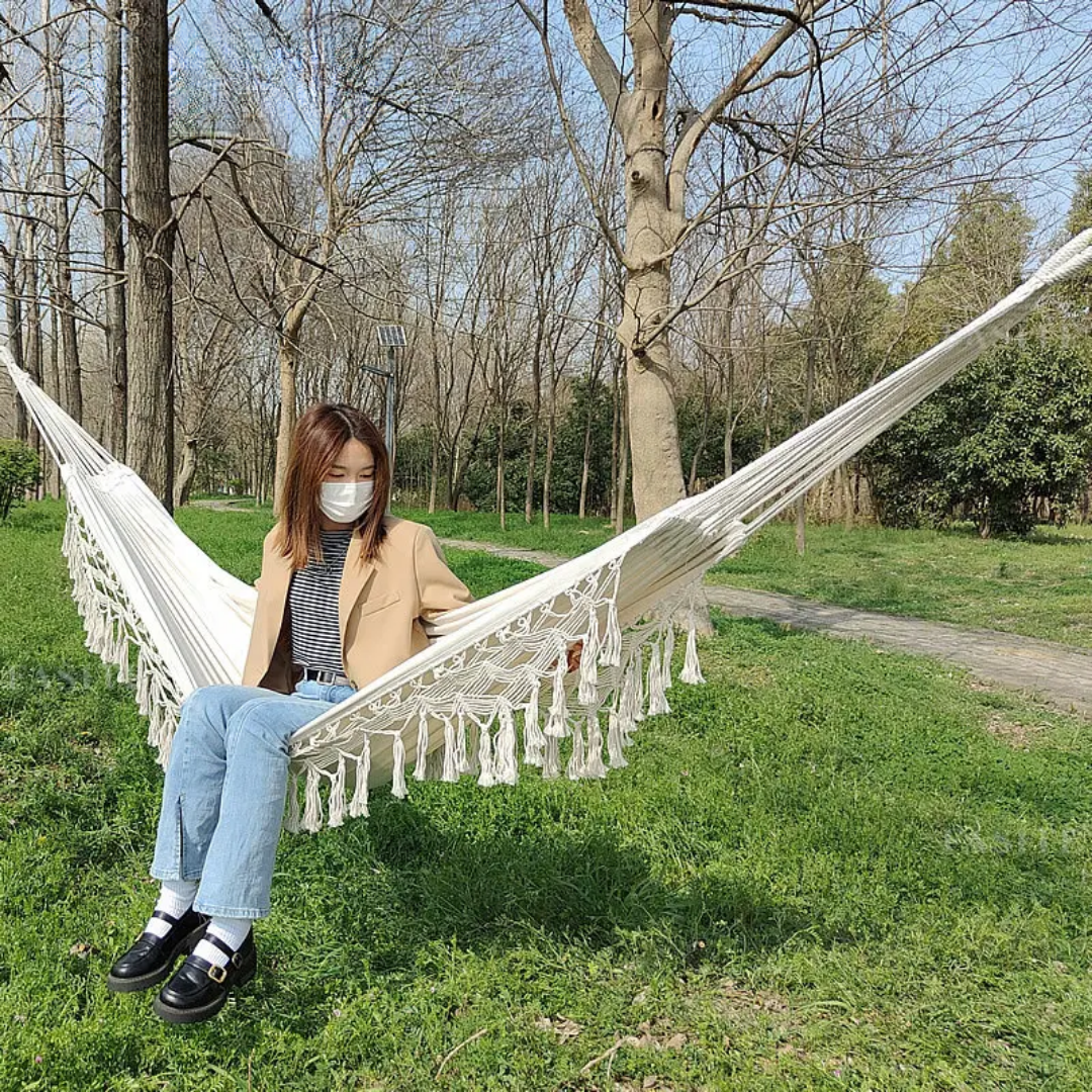 2-Person Boho Macramé Fringe Double Deluxe Hammock Swing | Trufairs