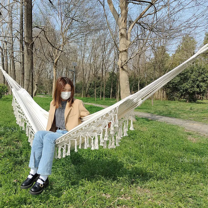 2-Person Boho Macramé Fringe Double Deluxe Hammock Swing | Trufairs