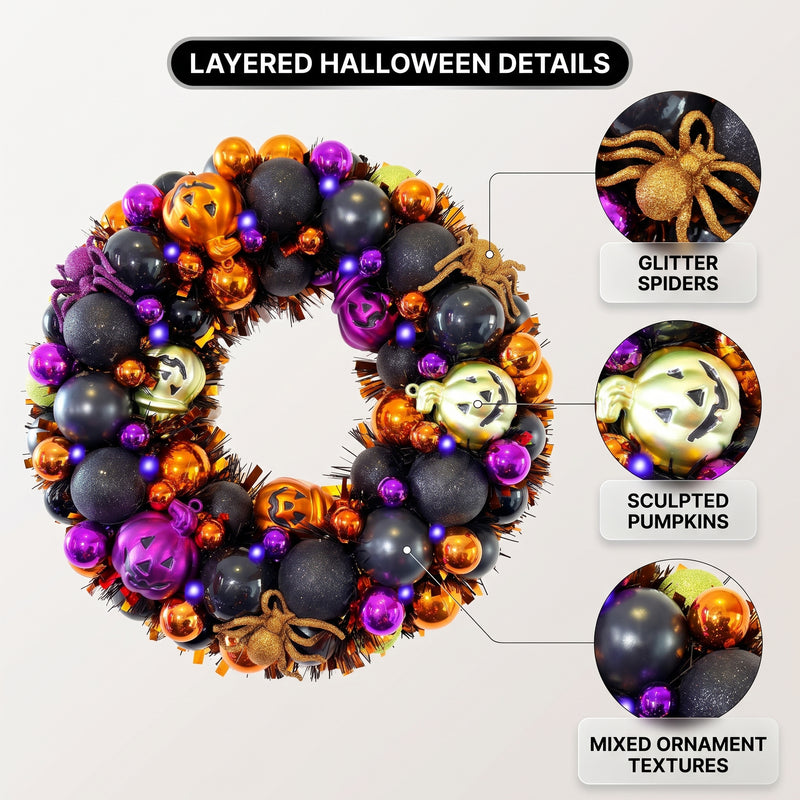 HALLOWEEN WREATH WITH LIGHTS FOR FRONT DOOR – PRE-LIT PUMPKIN, WITCH & GOTHIC PORCH DÉCOR - 6