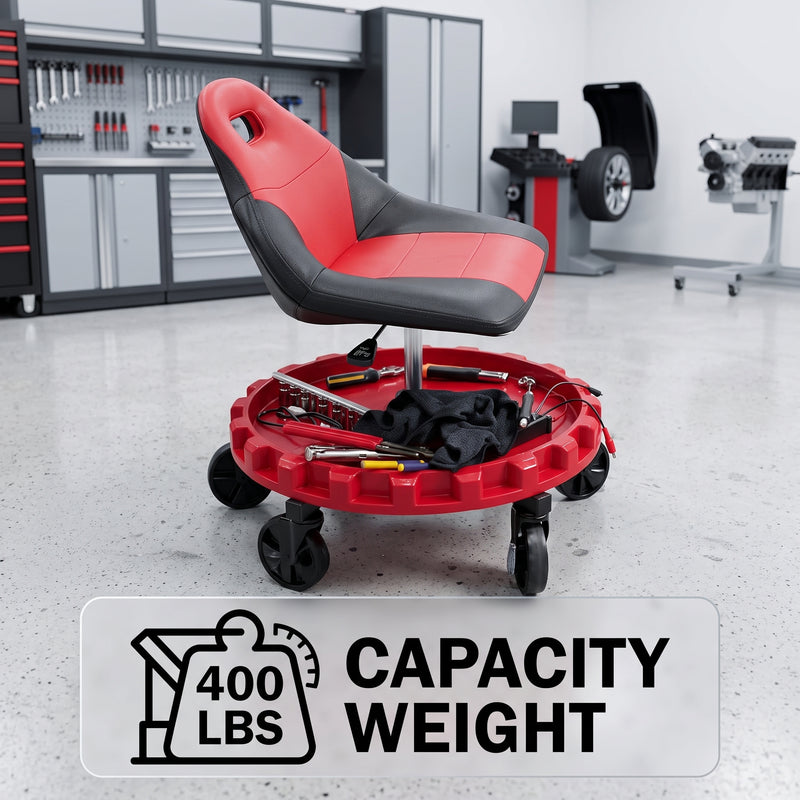 Rolling Mechanic Stool – Adjustable Workshop Seat with Tool Tray & Casters - 6