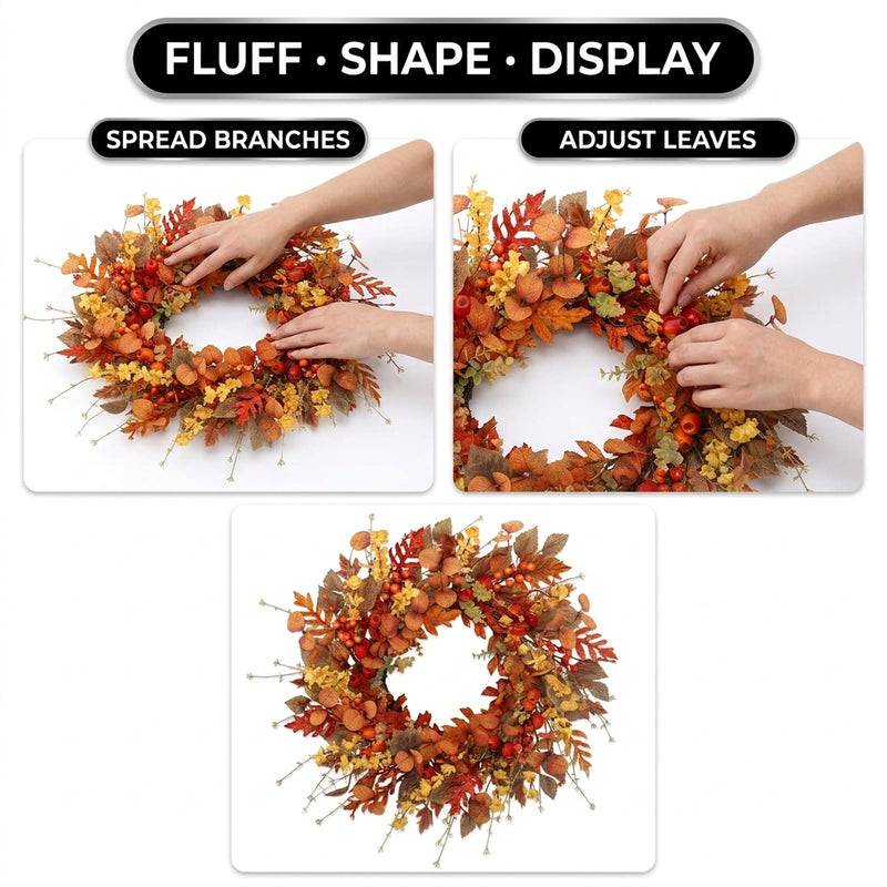 22-Inch Artificial Fall Wreath for Front Door – Berry, Pumpkin & Floral Styles - 6