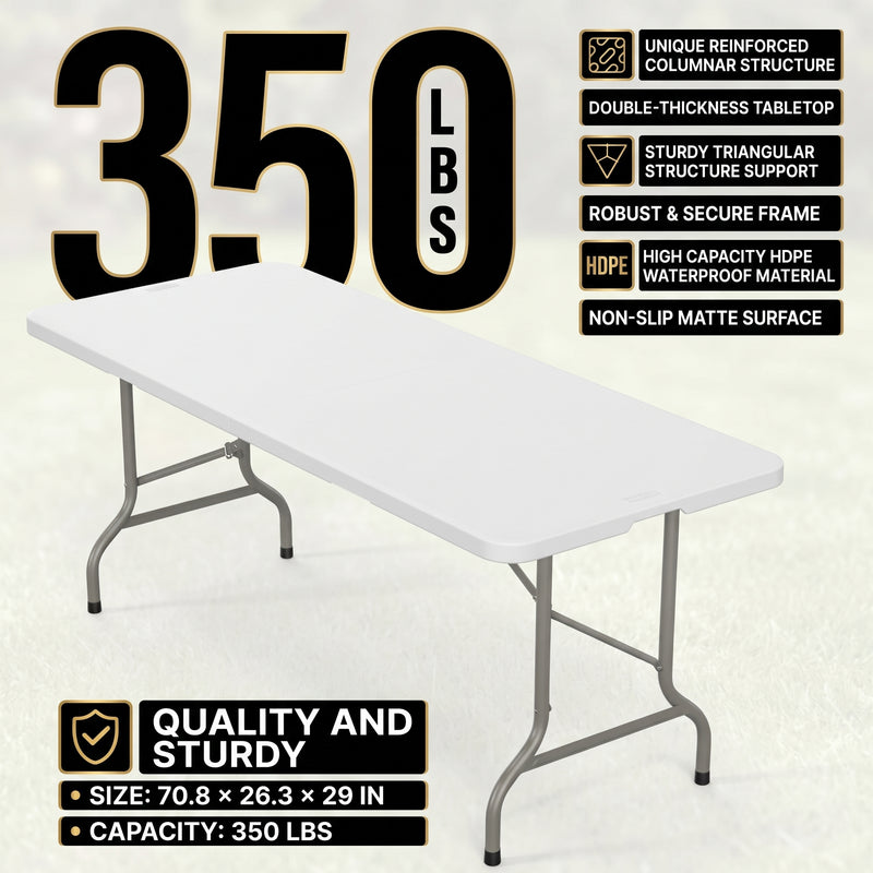 6 FT FOLDING CAMPING TABLE – PORTABLE INDOOR OUTDOOR TABLE WITH WATERPROOF HDPE TOP & CARRY HANDLE - 6