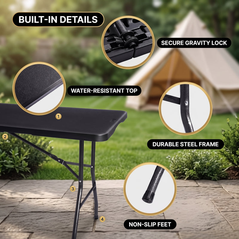 6 FT FOLDING CAMPING TABLE – PORTABLE INDOOR OUTDOOR TABLE WITH WATERPROOF HDPE TOP & CARRY HANDLE - 6