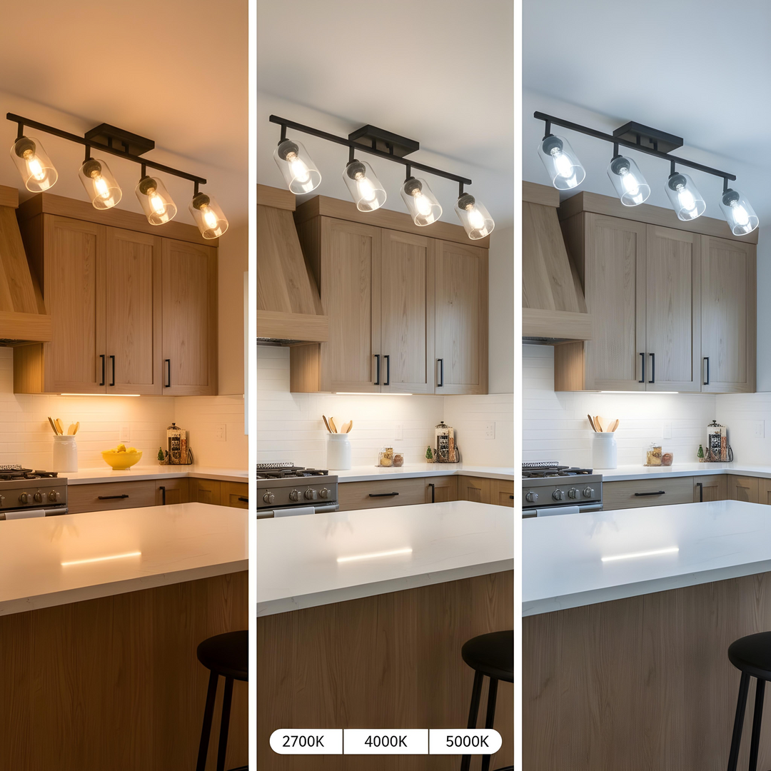 4-Light Vanity Light Bathroom Fixture with Clear Glass Shade Multi-Directional Rotating Metal Ceiling Spotlight Fixture with Adjustable Track Heads