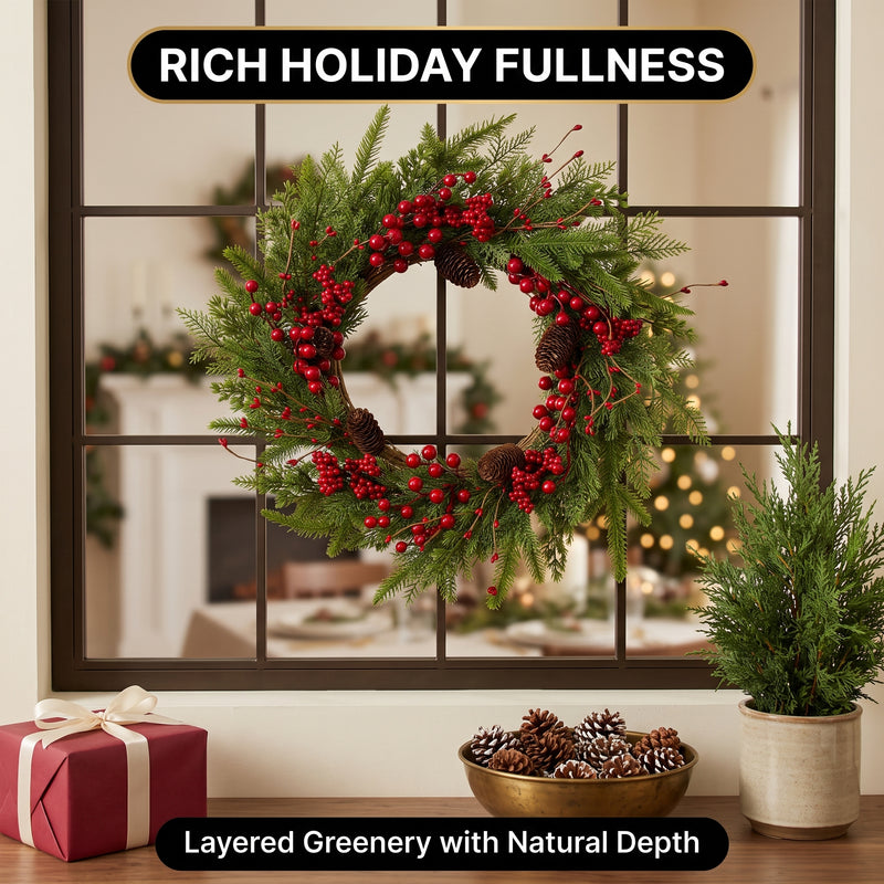 CHRISTMAS BERRY WREATH FOR FRONT DOOR – WINTER PINE HOLIDAY DÉCOR - 6