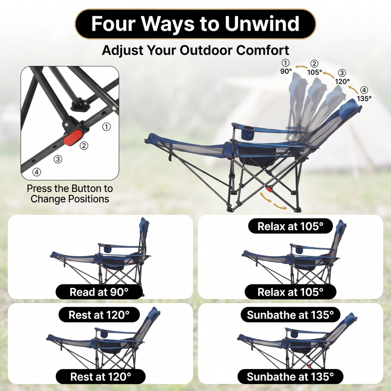 Premium Reclining Camping Chair with Footrest & Headrest – 4-Position Adjustable Recline - 6