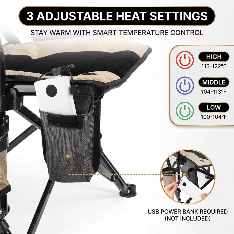 Heated Camping Chair for Adult Outdoor Activities - Portable Folding Heated Chair with 3 Adjustable Heat Levels, Heating Backrest Cushion Support 264LBS for Patio Camping (Battery Not Included) - 6
