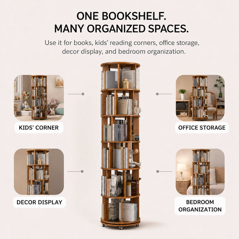 Rotating Bookshelf Tower – 360° Spinning Bookcase | 5 & 6-Tier, Solid Wood & MDF - 6