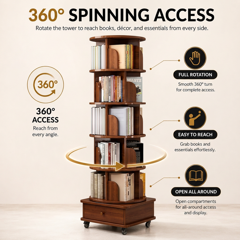 Rotating Bookshelf Tower – 360° Spinning Bookcase | 5 & 6-Tier, Solid Wood & MDF - 6