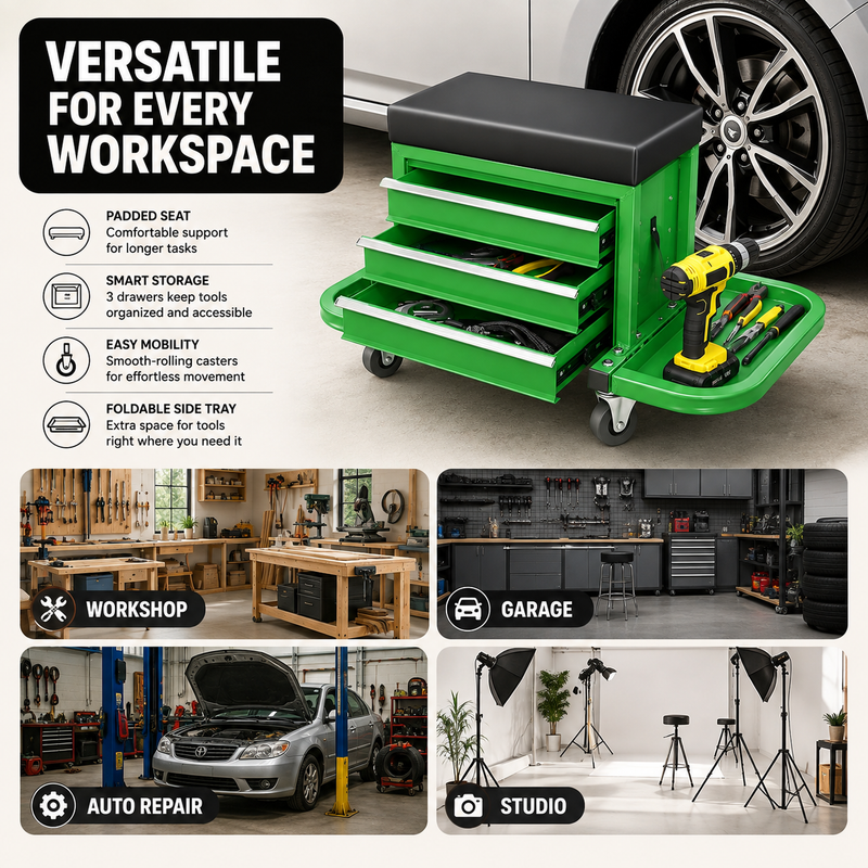 Mobile Mechanic Toolbox Seat with Drawers - Rolling Mechanic Stool with Sliding Tool Tray, Shop Stool with Wheels for Garage & Workshop, Auto Repair - 6
