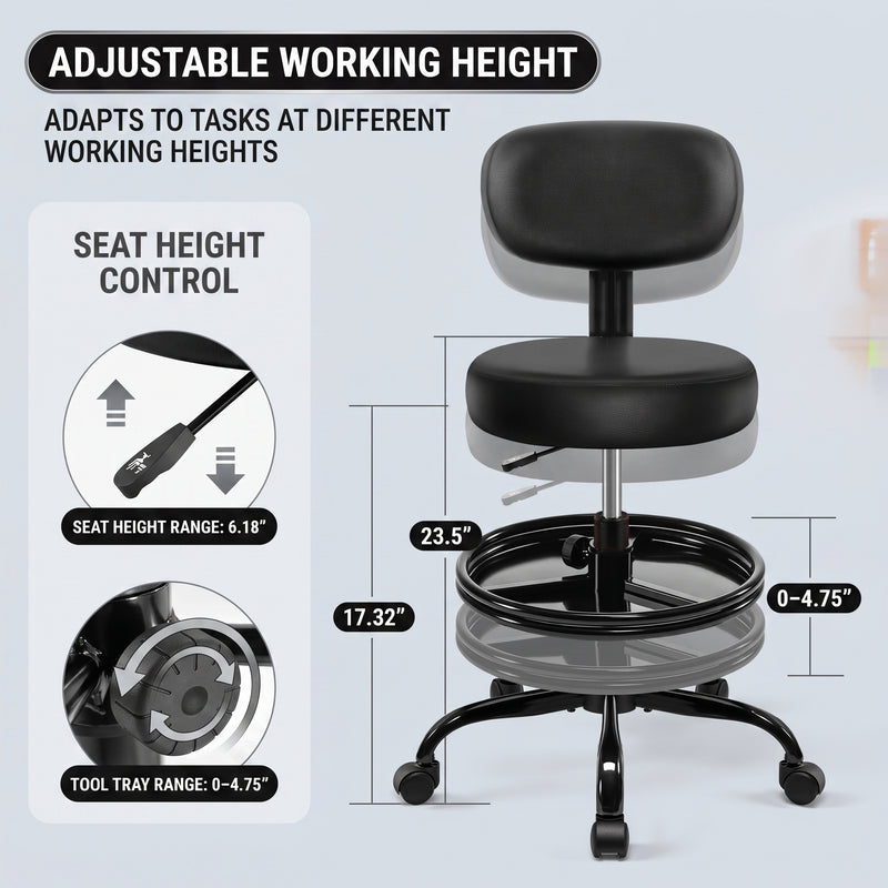 Rolling Mechanic Chair with Backrest and Footrest – Heavy Duty Shop Stool with Wheels, Adjustable Height Swivel Garage Chair - 6