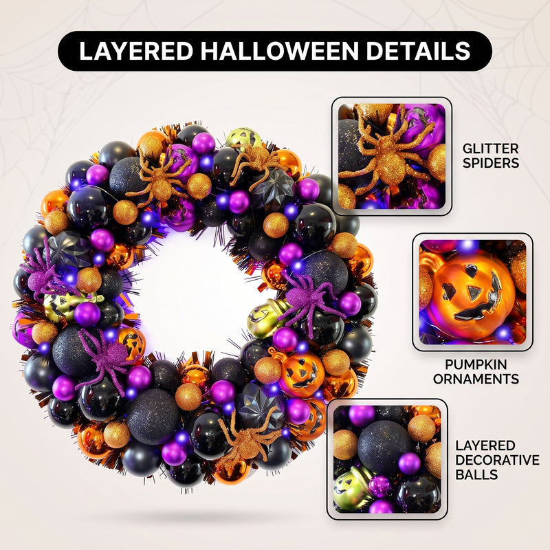 HALLOWEEN WREATH WITH LIGHTS FOR FRONT DOOR – PRE-LIT PUMPKIN, WITCH & GOTHIC PORCH DÉCOR - 6