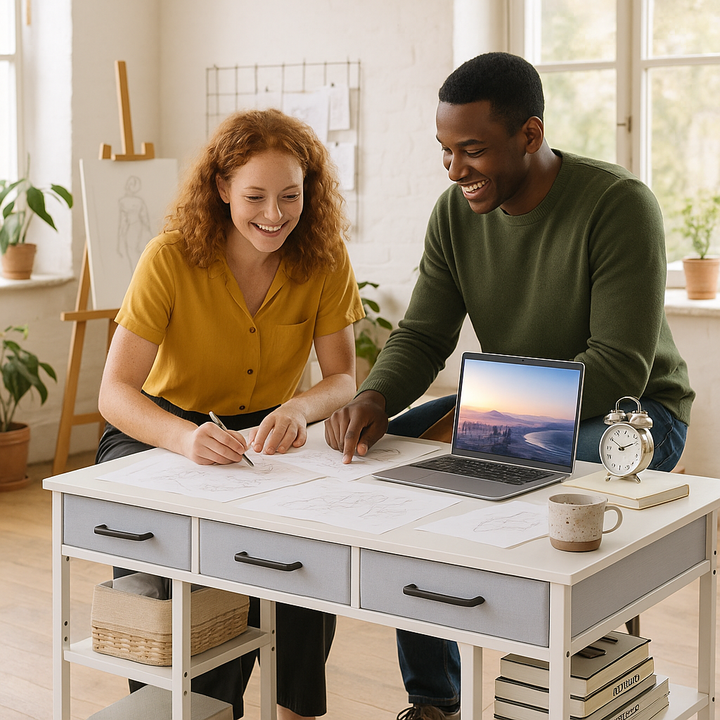 StorEase 47" White Compact Desk with Fabric Drawers & Adjustable Shelves