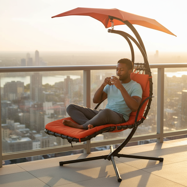 Outdoor Hanging Chaise Swing Orange - Lounger Chair with UV Canopy, Cushion & Stand for Garden Porch Comfort