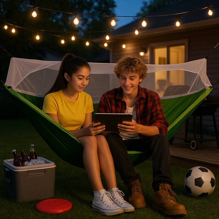 Double Camping Hammock with Mosquito Net - 2 Person Lightweight Parachute Nylon Hammock for Outdoor Travel, Backpacking & Camping - 450lb Weight Capacity
