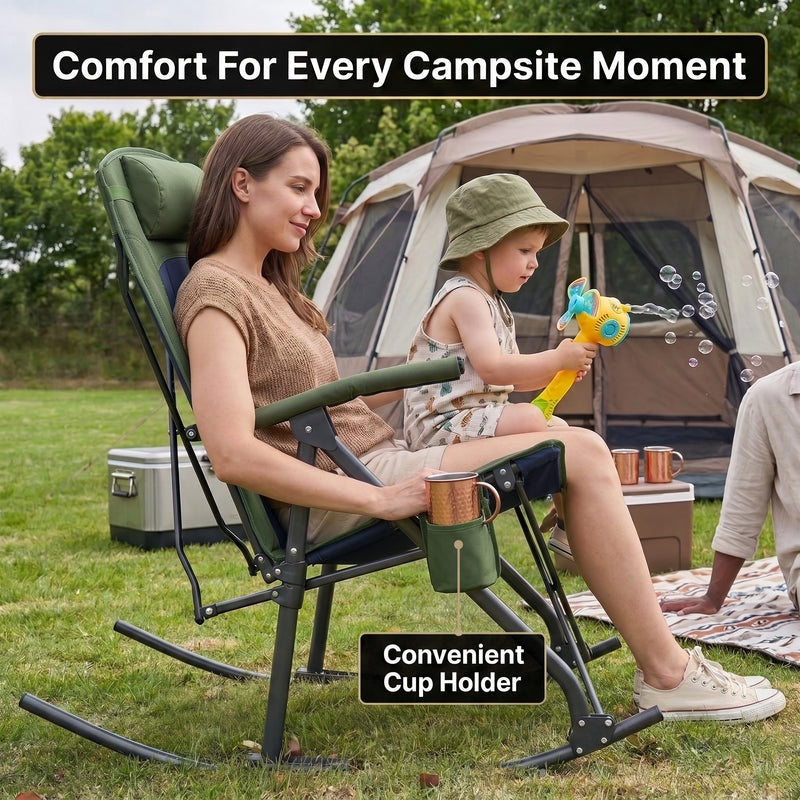 High Back Folding Rocking Camping Chair – Oversized Portable Outdoor Rocker with Cup Holder, Carry Bag & Heavy-Duty Steel Frame - 6