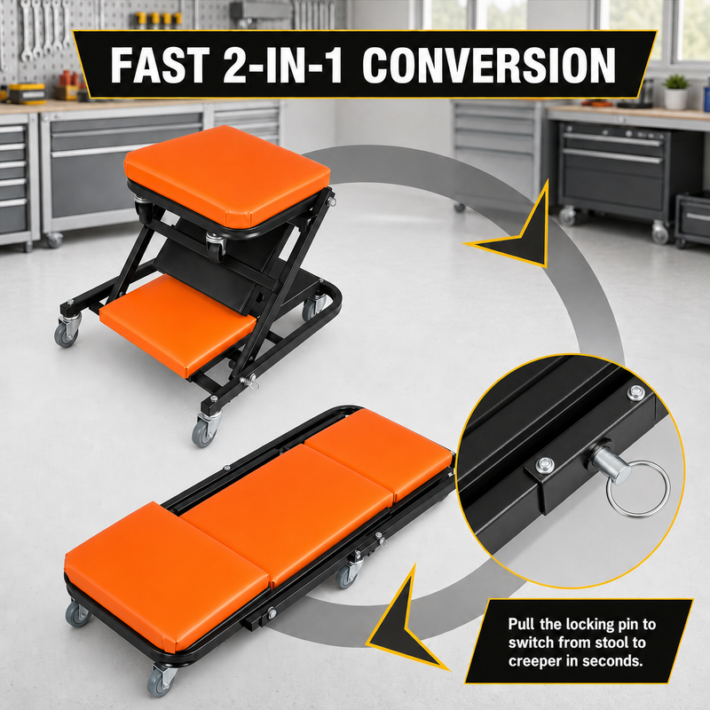 2-in-1 Convertible Z-Creeper Seat - Rolling Mechanic Creeper with Wheels, Under Dash Creeper & Garage Chair for Auto Repair, Low Profile Roller Seat - 6