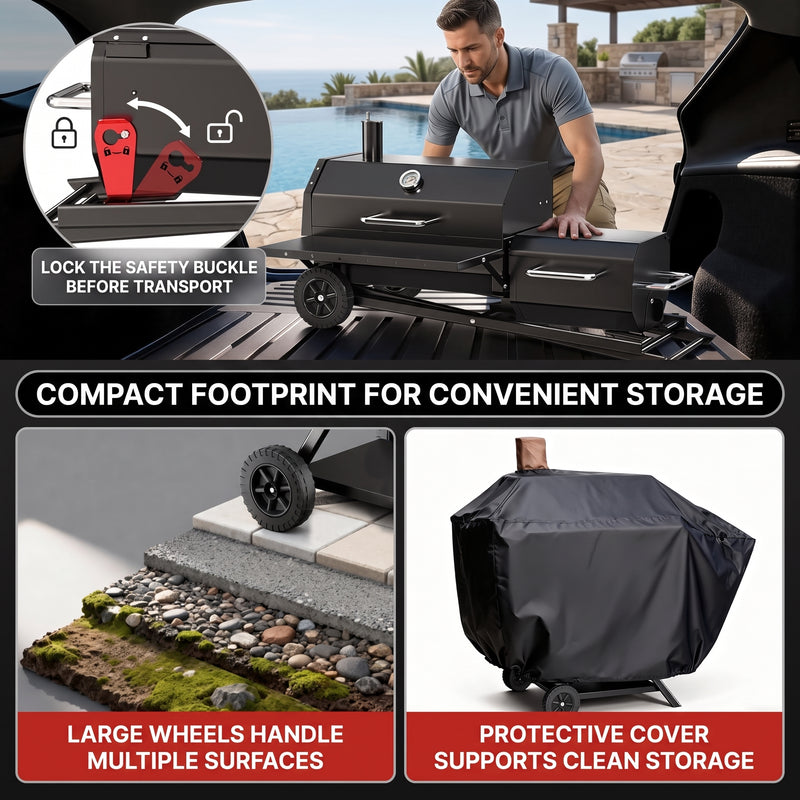 Portable Charcoal Grill with Smoking Function, Foldable Suitcase Design with Wheels, Multi-Tier Storage Rack & Waterproof Cover for Outdoor BBQ Parties - 6