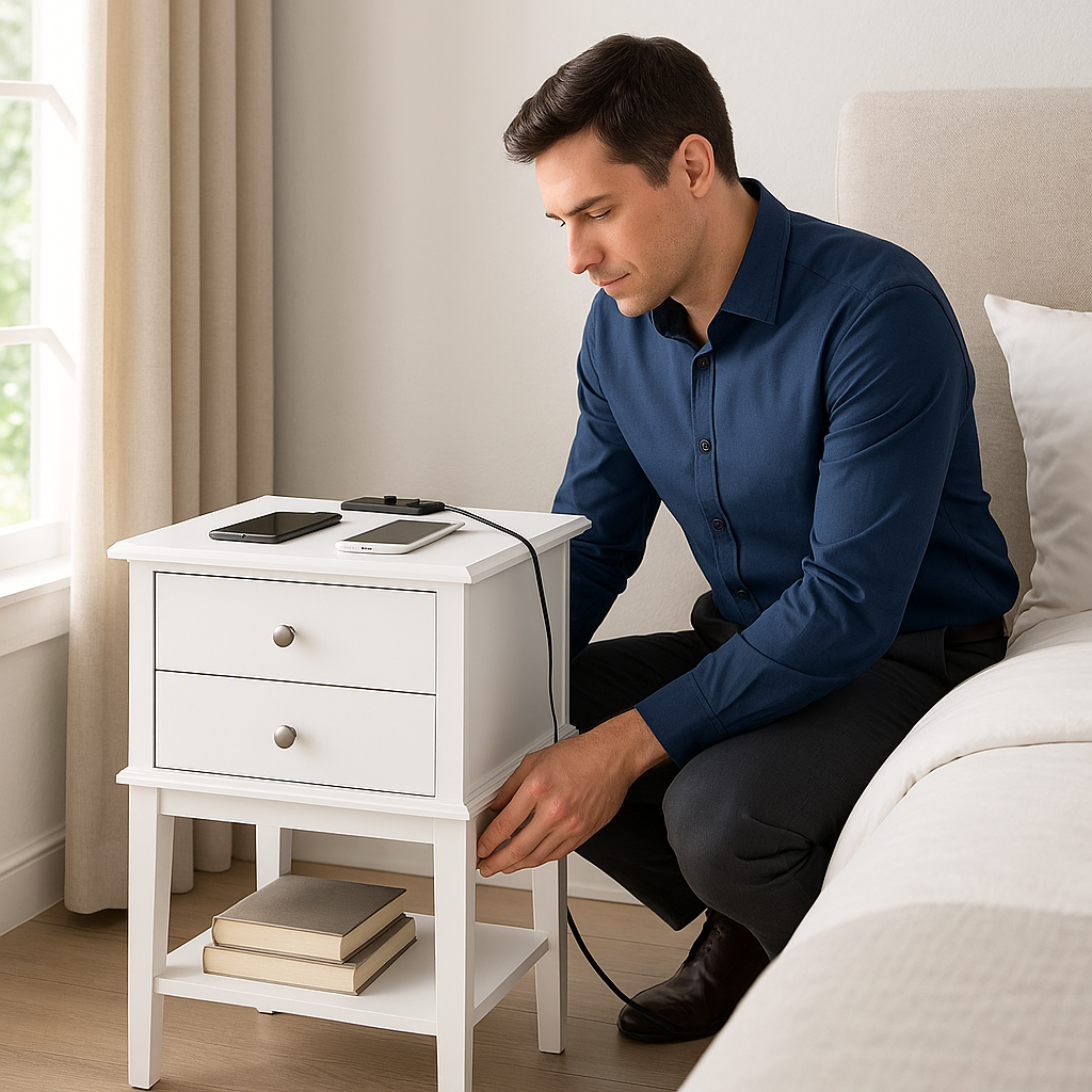 TechStation Pro 28" White Nightstand with Smart Charging Station – 2-Drawer Bedside Table with USB Ports