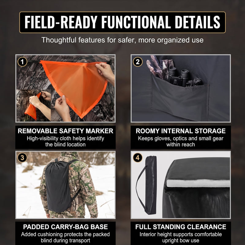Silent Pop Up Hunting Blind with 270° See Through View – Waterproof Camo Ground Blind Tent for Turkey and Deer Hunting, 1-7 Person Capacity - 6