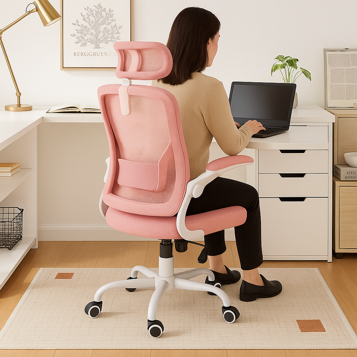ErgoBliss Pink Mesh Ergonomic Office Chair – Flip-Up Arms, Lumbar Support, Headrest