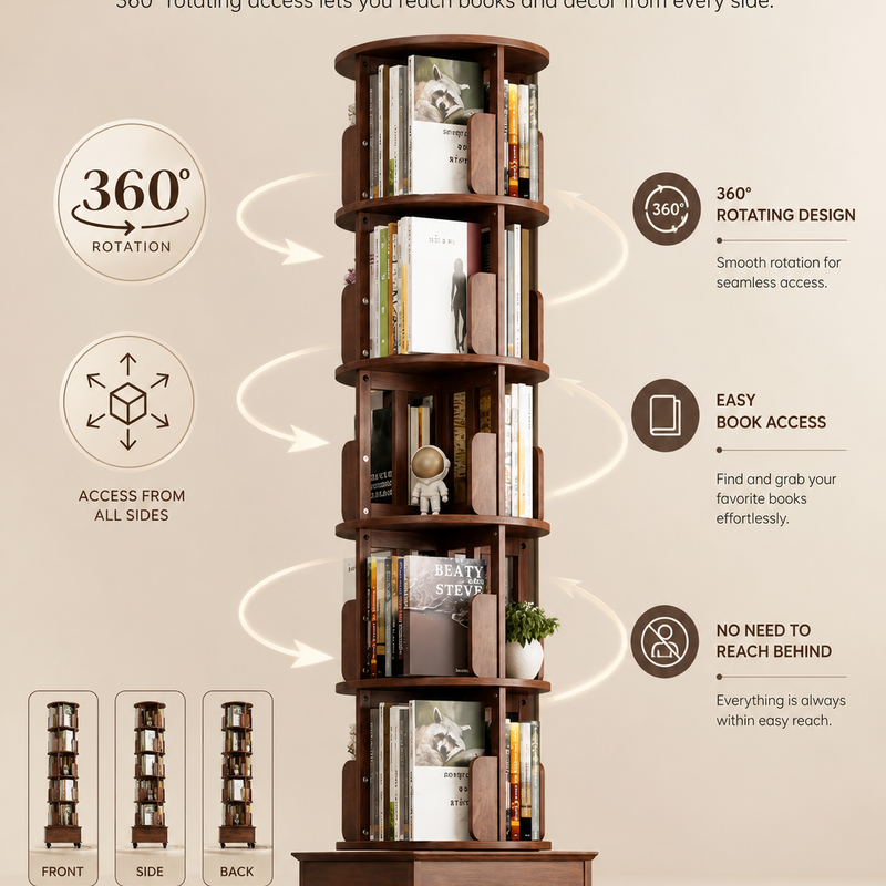 Rotating Bookshelf Tower – 360° Spinning Bookcase | 5 & 6-Tier, Solid Wood & MDF - 6