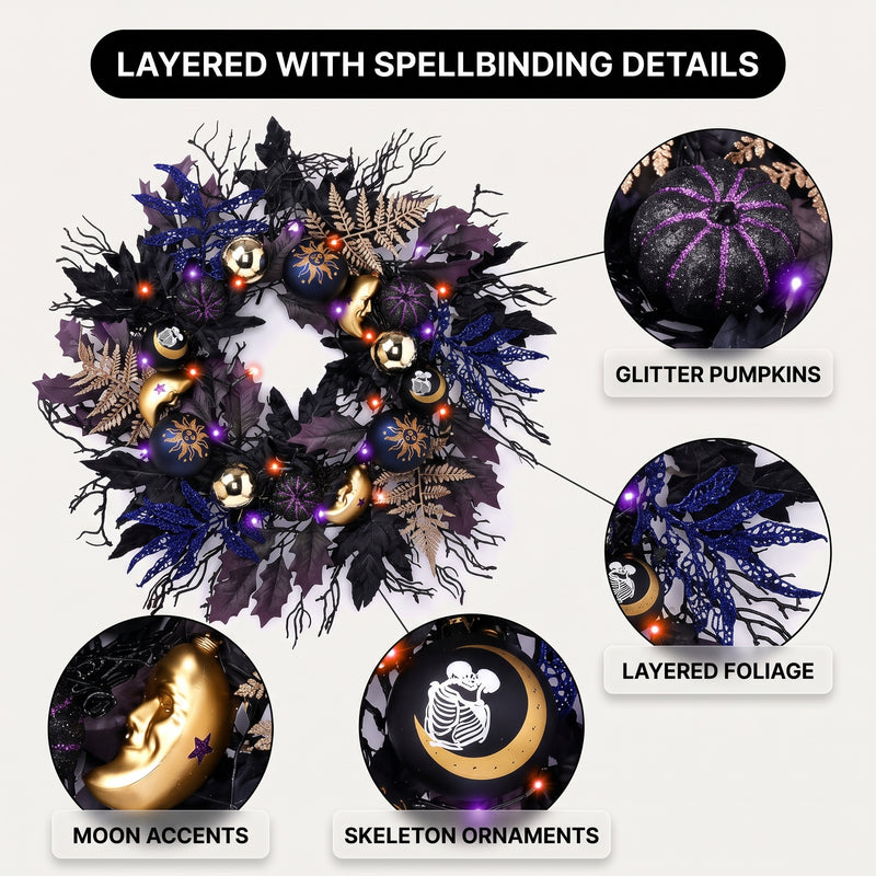HALLOWEEN WREATH WITH LIGHTS FOR FRONT DOOR – PRE-LIT PUMPKIN, WITCH & GOTHIC PORCH DÉCOR - 6