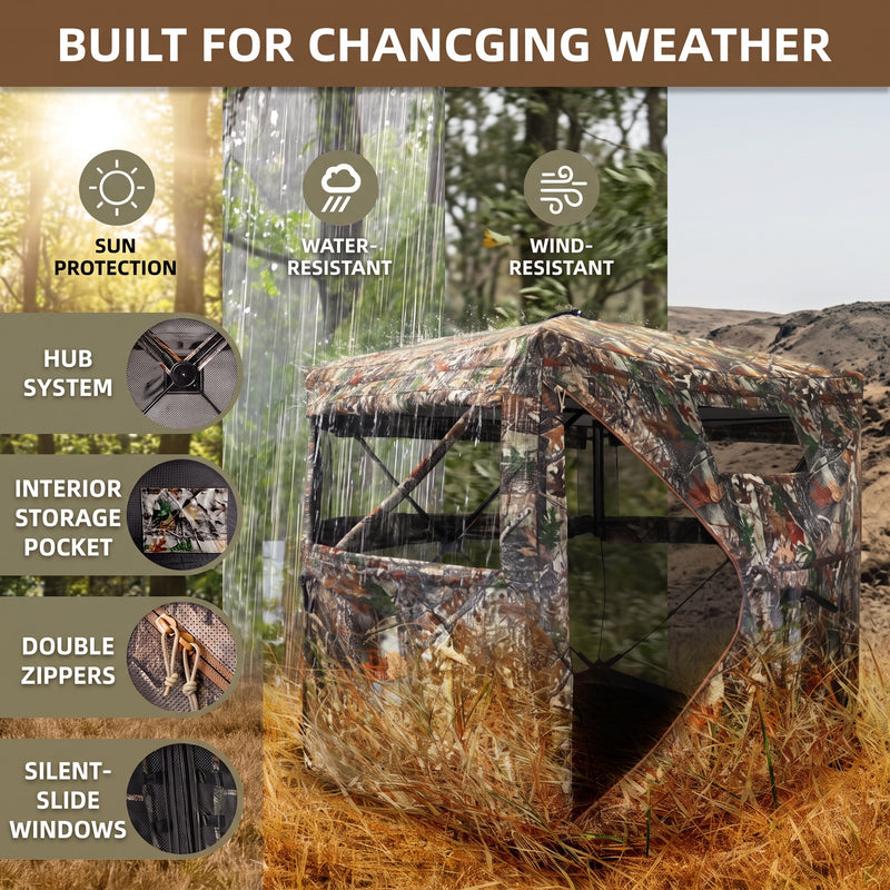 Hunting Blind with Floor Mat, 360 Degree See Through Ground Blind with Carrying Bag, 2/3/4 Person Pop Up Camouflage Tent Portable Concealed Shelter - 6