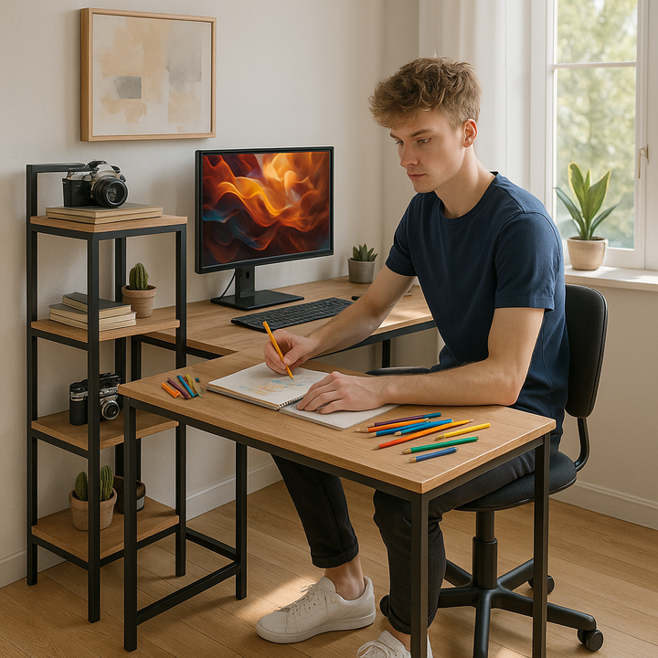 Industrial Pro 59" Computer Desk with Monitor Stand & Reversible 4-Tier Storage Shelf – Brown