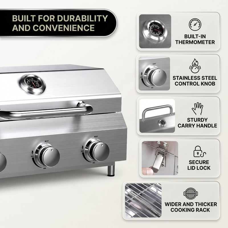 PORTABLE STAINLESS STEEL TABLETOP PROPANE GRILL – 2 & 3 BURNER OUTDOOR BBQ OPTIONS - 6