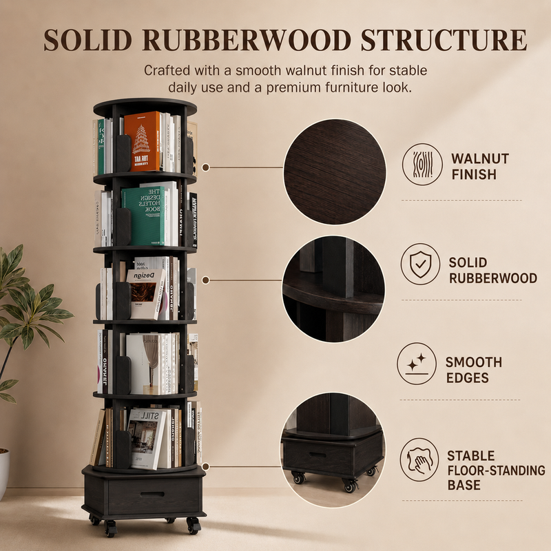 Rotating Bookshelf Tower – 360° Spinning Bookcase | 5 & 6-Tier, Solid Wood & MDF - 6
